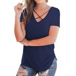 NIASHOT Women's Casual Short Sleeve Solid Criss Cross Front V-Neck T-Shirt Tops