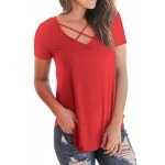NIASHOT Women's Casual Short Sleeve Solid Criss Cross Front V-Neck T-Shirt Tops