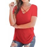 NIASHOT Women's Casual Short Sleeve Solid Criss Cross Front V-Neck T-Shirt Tops