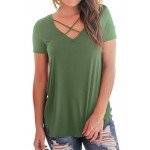 NIASHOT Women's Casual Short Sleeve Solid Criss Cross Front V-Neck T-Shirt Tops
