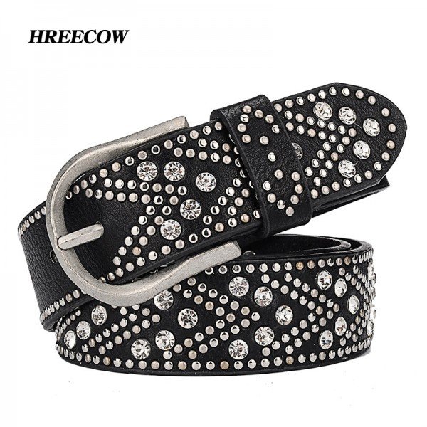 New PU Individuality Rivet Inlay Ancient Belt For Women Fashion Pin Buckle Waist Women Belts Luxury Brands Leather Belt Female