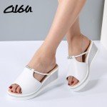 O16U Women Slipper Sandals Heels Wedges Platform Leather Peep toe Crystal Elegant Female Sandals Ladies Mules clogs Summer Shoes