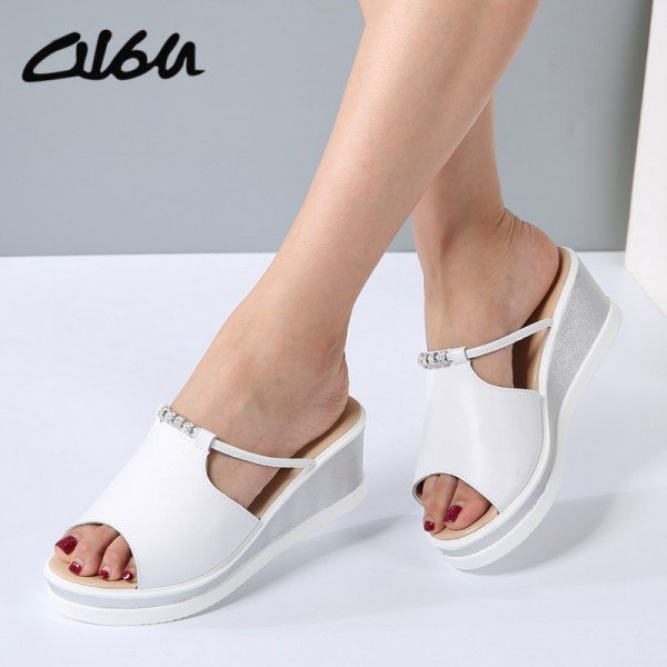 O16U Women Slipper Sandals Heels Wedges Platform Leather Peep toe Crystal Elegant Female Sandals Ladies Mules clogs Summer Shoes