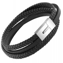 OSTAN Mens Genuine Leather Bracelet Stainless Steel Mens Bracelet Braided Wristband -