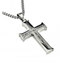 Philippians 4:13 Cross Silver Necklace Stainless Steel Christian Jewelry 20" 24'' 26'' Curb Chain