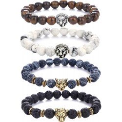Pusheng Lava Rock Stone Bead Bracelets Set Beeded Lion Leopard Elastic Bracelet,8MM