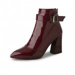 QUTAA Burgundy Pointed Toe PU Patent Leather Women Shoes Zipper Square High Heel Ankle Boots Women Motorcycle Boot Size 34-43