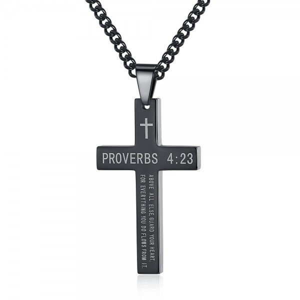 Reve Stainless Steel Bible Verse Cross Pendant Necklace for Men Women, Proverbs 4:23, 20’’-24’’ Chain