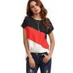 Romwe Women's Color Block Blouse Short Sleeve Casual Tee Shirts Tunic Tops