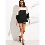 Romwe Women's Color Block Blouse Short Sleeve Casual Tee Shirts Tunic Tops