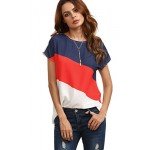 Romwe Women's Color Block Blouse Short Sleeve Casual Tee Shirts Tunic Tops