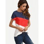 Romwe Women's Color Block Blouse Short Sleeve Casual Tee Shirts Tunic Tops