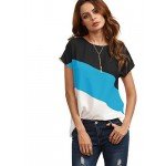 Romwe Women's Color Block Blouse Short Sleeve Casual Tee Shirts Tunic Tops