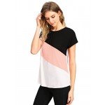 Romwe Women's Color Block Blouse Short Sleeve Casual Tee Shirts Tunic Tops