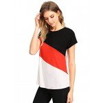 Romwe Women's Color Block Blouse Short Sleeve Casual Tee Shirts Tunic Tops
