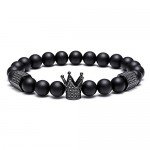 SEVENSTONE 8mm Crown King Charm Bracelet for Men Women Black Matte Onyx Stone Beads