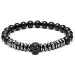 SEVENSTONE 8mm Crown King Charm Bracelet for Men Women Black Matte Onyx Stone Beads