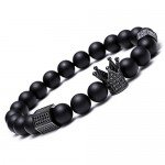 SEVENSTONE 8mm Crown King Charm Bracelet for Men Women Black Matte Onyx Stone Beads