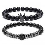 SEVENSTONE 8mm Crown King Charm Bracelet for Men Women Black Matte Onyx Stone Beads