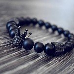 SEVENSTONE 8mm Crown King Charm Bracelet for Men Women Black Matte Onyx Stone Beads