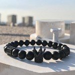 SEVENSTONE 8mm Crown King Charm Bracelet for Men Women Black Matte Onyx Stone Beads