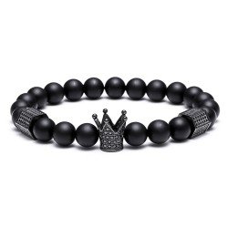 SEVENSTONE 8mm Crown King Charm Bracelet for Men Women Black Matte Onyx Stone Beads