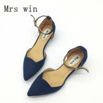 Sexy Women Buckle Strap Low Heels Pumps Spring Autumn Pointed Toe Flock D'Orsay Heels Shoes For Woman Ladies Single Shoes Blue