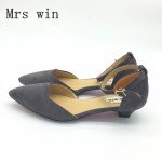 Sexy Women Buckle Strap Low Heels Pumps Spring Autumn Pointed Toe Flock D'Orsay Heels Shoes For Woman Ladies Single Shoes Blue
