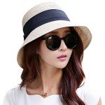 SiggiHat Packable UPF Straw Sunhat Women Summer Beach Wide Brim Fedora Travel Hat 54-59CM