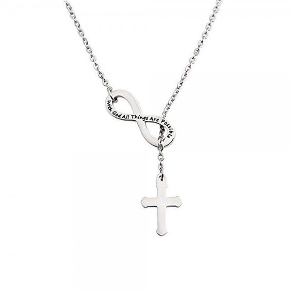 Silver Infinity Cross Necklace Bracelet Religious Jewelry Inspirational Gift,With God All Things are Possible,For Children, Friends, Graduation, school,Best Gift