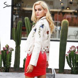 Simplee Embroidery floral faux leather jacket White basic jackets outerwear coats Women casual autumn winter jacket female coat