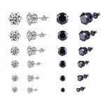 Stainless Steel Stud Earrings, 12 Pairs Round Clear Cubic Zirconia Diamond Stud Earrings Set for Women Girls Men Sensitive Ears (Black and White)