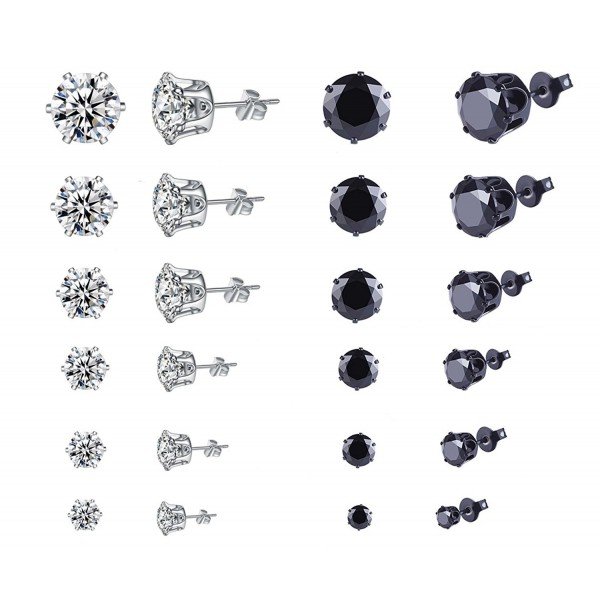 Stainless Steel Stud Earrings, 12 Pairs Round Clear Cubic Zirconia Diamond Stud Earrings Set for Women Girls Men Sensitive Ears (Black and White)