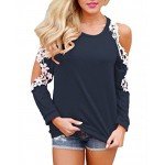 StyleDome Women Blouse Off Shoulder Shirts Crochet Lace Long Sleeve Casual Round Neck Tee Tops
