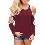 StyleDome Women Blouse Off Shoulder Shirts Crochet Lace Long Sleeve Casual Round Neck Tee Tops