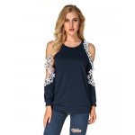 StyleDome Women Blouse Off Shoulder Shirts Crochet Lace Long Sleeve Casual Round Neck Tee Tops