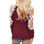 StyleDome Women Blouse Off Shoulder Shirts Crochet Lace Long Sleeve Casual Round Neck Tee Tops