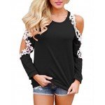 StyleDome Women Blouse Off Shoulder Shirts Crochet Lace Long Sleeve Casual Round Neck Tee Tops