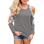 StyleDome Women Blouse Off Shoulder Shirts Crochet Lace Long Sleeve Casual Round Neck Tee Tops