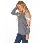StyleDome Women Blouse Off Shoulder Shirts Crochet Lace Long Sleeve Casual Round Neck Tee Tops