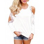 StyleDome Women Blouse Off Shoulder Shirts Crochet Lace Long Sleeve Casual Round Neck Tee Tops