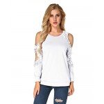 StyleDome Women Blouse Off Shoulder Shirts Crochet Lace Long Sleeve Casual Round Neck Tee Tops
