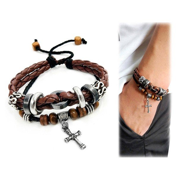 Suyi Multilayer Adjustable Leather Woven Braided Bangle Cross Bracelet Leaf Wrist Cuff Wristband