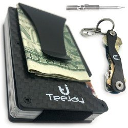 TeeJay Carbon Fiber Minimalist Wallet & Key Organizer Set. Premium Gift Box includes RFID Blocking Front Pocket Wallet And Modern Design Slim Pocket Keychain For Men and Women.