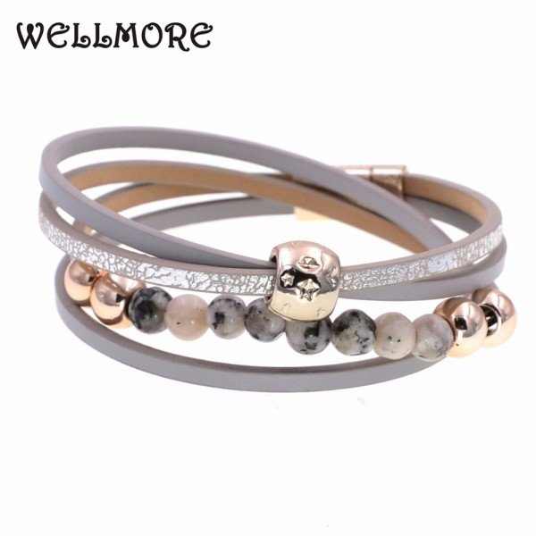 WELLMORE 12 colors two Layer leather bracelet fashion beads charm bracelets for women Trendy Bohemian bracelet femme wholesale