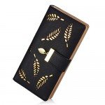 Women's Long Leaf Bifold Wallet Leather Card Holder Purse Zipper Buckle Elegant Clutch Wallet Handbag