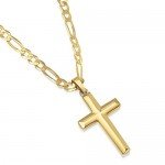 XP Jewelry 14K Gold Plated Sterling Silver Cross Pendant Italian Made Figaro Chain Necklace - Choice Of Sizes
