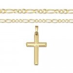 XP Jewelry 14K Gold Plated Sterling Silver Cross Pendant Italian Made Figaro Chain Necklace - Choice Of Sizes