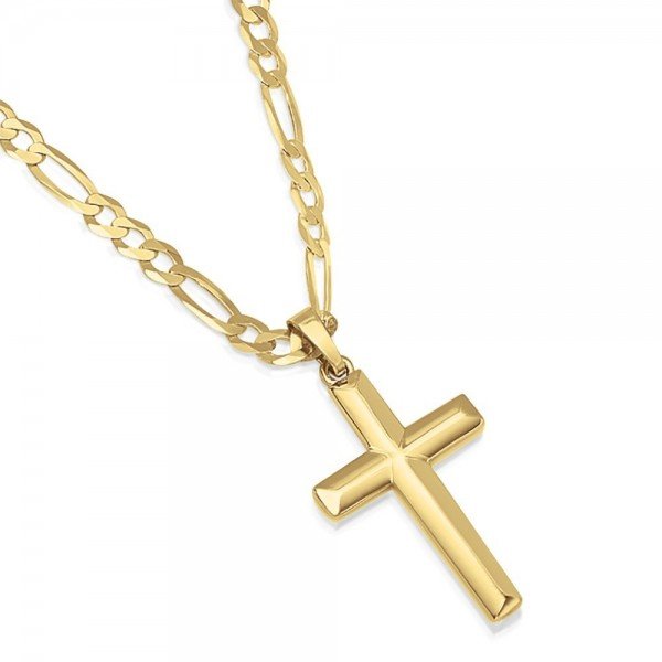XP Jewelry 14K Gold Plated Sterling Silver Cross Pendant Italian Made Figaro Chain Necklace - Choice Of Sizes