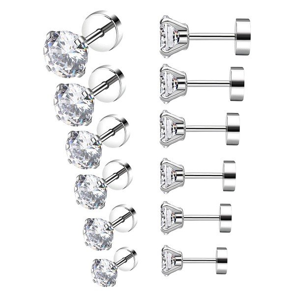 YOVORO 6 Pairs 18-20G Stainless Steel Stud Earrings for Men Women Cartilage Ear Piercings Helix Tragus Barbell 3-8mm